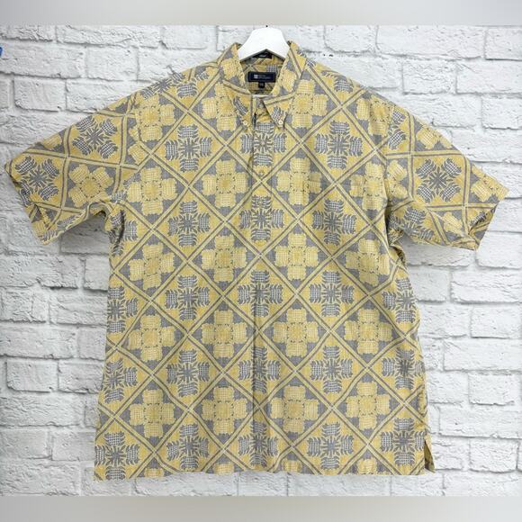 Reyn Spooner Kloth Hawaiian Aloha Quilt Geometric Popover Shirt XXL Yellow Grey - Picture 1 of 13